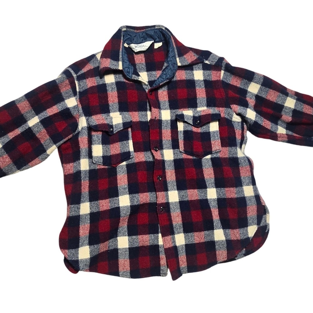 Woolrich Plaid Wool Blend Flannel Shirt Jacket Red Navy Cream XS Vintage
